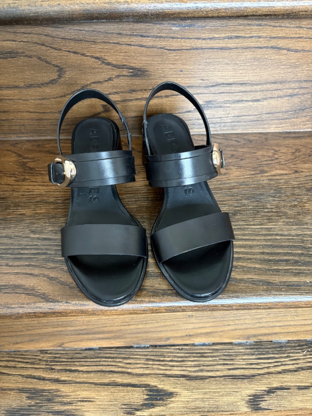Aerosoles' Ellazia Buckle Strap Black Leather Sandal Heels - Picture 7 of 8